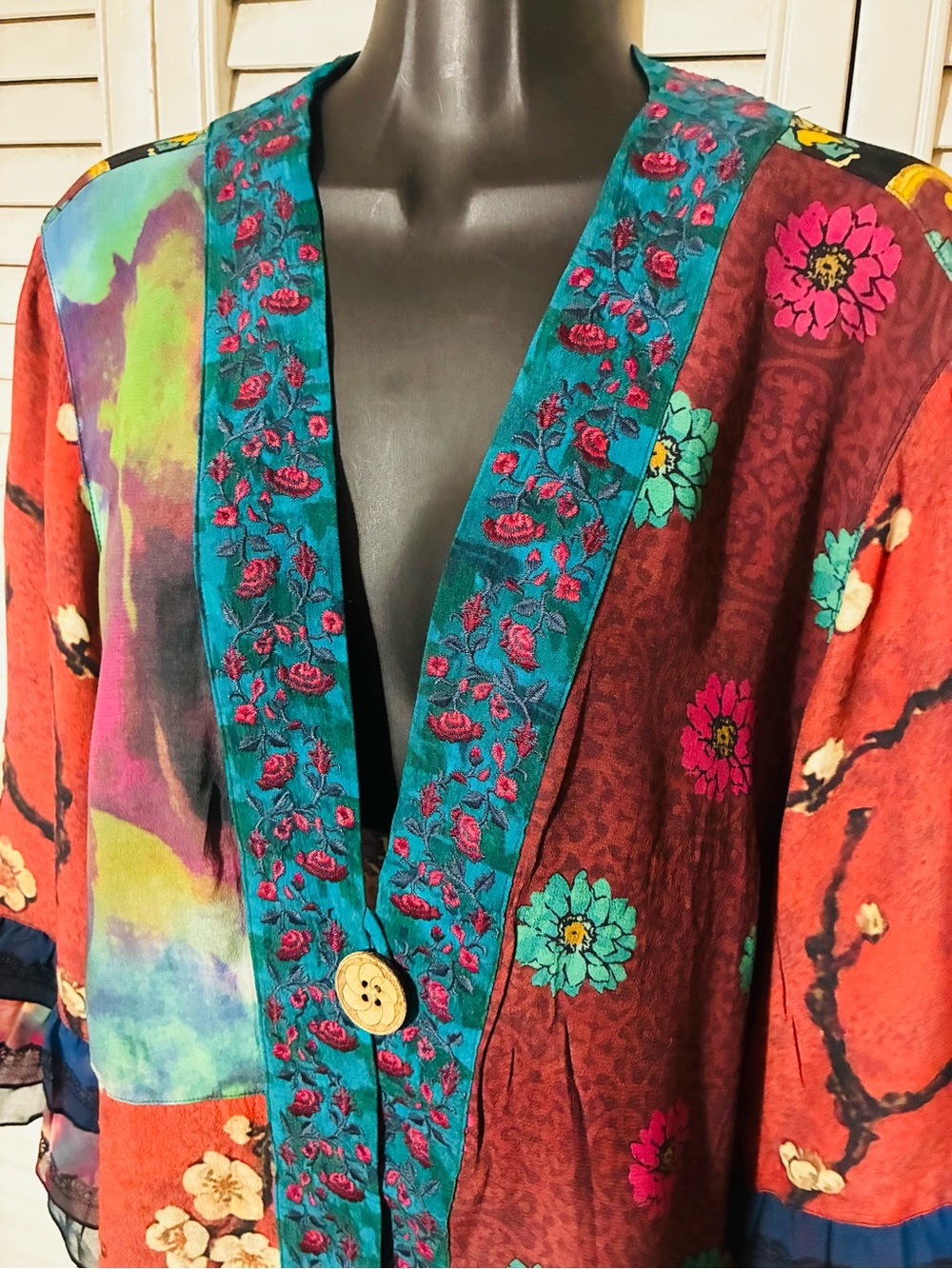 John Mark Multicolor Floral Patchwork Tunic - Teal, Red, Turquoise - Picture 2 of 7